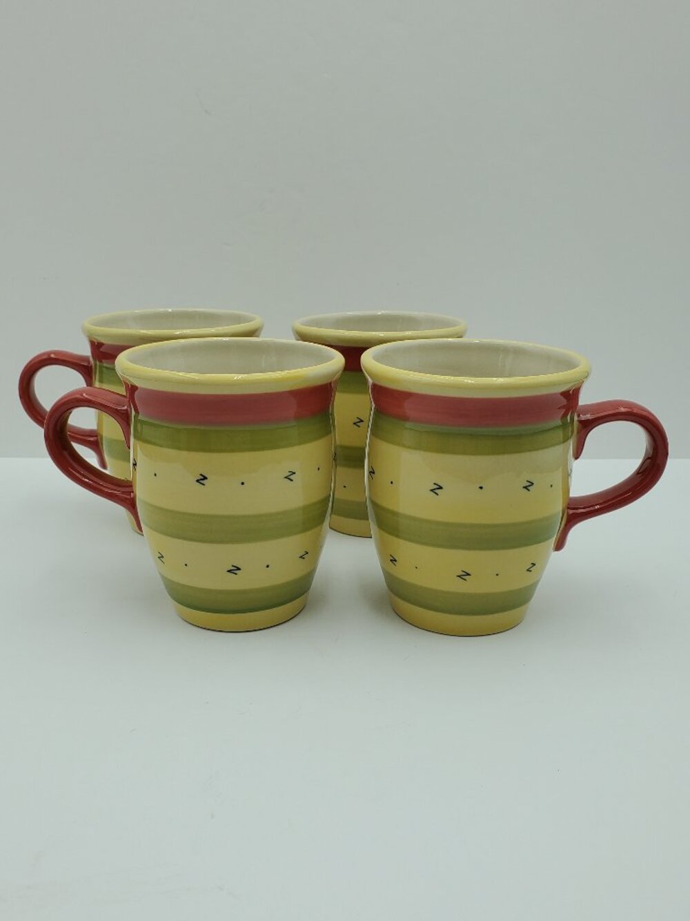 Pfaltzgraff Pistoulet Mugs Jana Kolpen Red Handle Green Yellow Bands Mugs